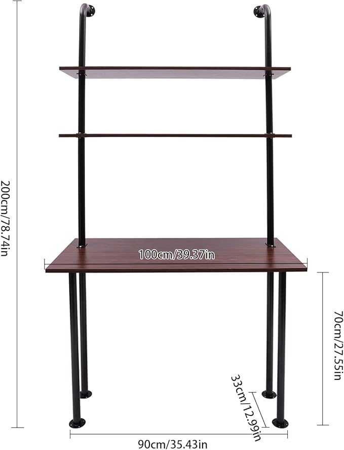 Industrial Wall Mount Desk with Shelves, 3-Shelf Ladder Desk, Computer Writing Table for Small Spaces, Black and Brown Modern Narrow Floating Table with Storage (13" Dx39.4 Wx79 H)