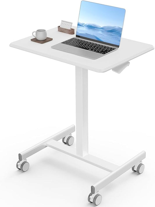 Rolling Laptop Stand Small Standing Desk with Wheels, Adjustable Height Rolling Table with Metal Base Lockable Catsers, Computer Rolling Table for Couch Home Office, 25.7'' × 19'' Milky