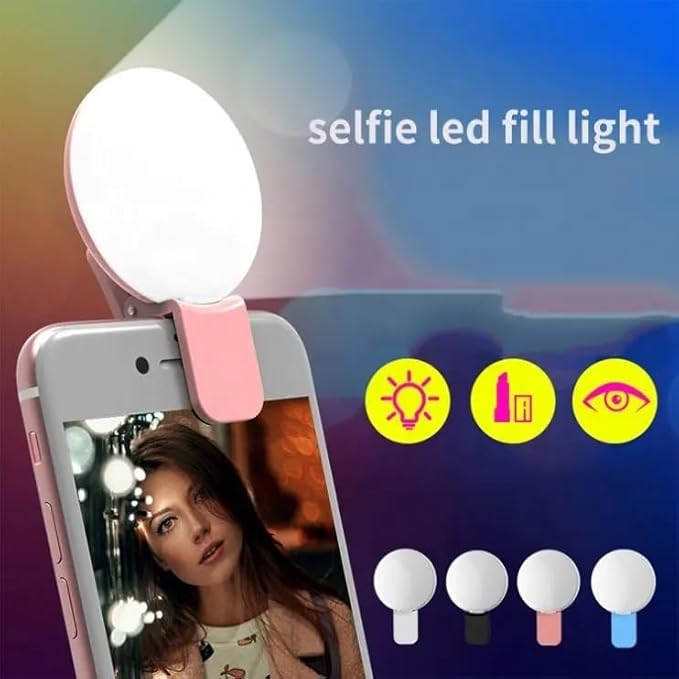 Clip-on LED Selfie Ring Light, Small Pocket-Size, 3 Brightness Levels, Rechargeable, Phone Camera Light, (White)