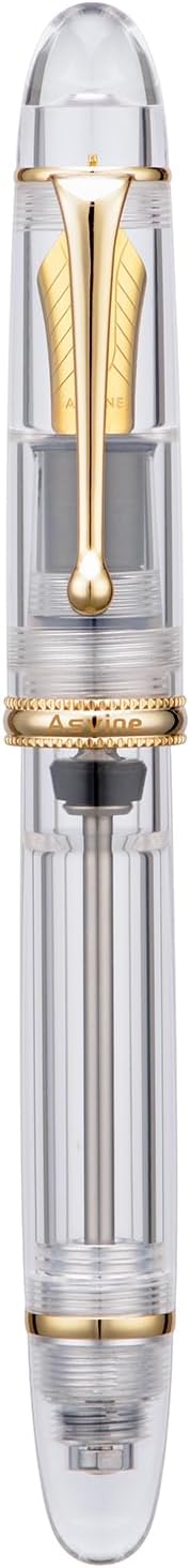 Asvine V800 Fountain Pen - Vacuum Filling System with Large Ink Capacity - Smooth Number 8 Stub Nib 1.1 mm Calligraphy Art Drawing with Gift Case and Wrench- Clear Gold Acrylic