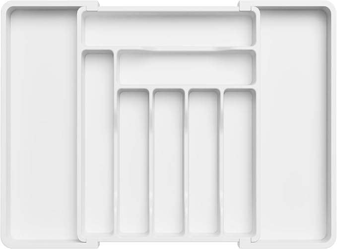 Lifewit Utensil Organizer for Kitchen Drawer, Expandable Cooking Silverware Tray, Adjustable Cutlery Flatware Holder, Plastic Spatula Tools Storage Divider, 13-22.4 x 15", White