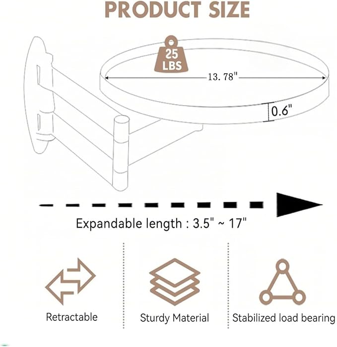 Retractable Wall Mount Folding Table, Adjustable Wall Mounted Coffee Table, Balcony Coffee Table, 13.78 Inch Round Wooden Tabletop, Acacia Brown, Adjustable Angle, Space-Saving Design (black, large)
