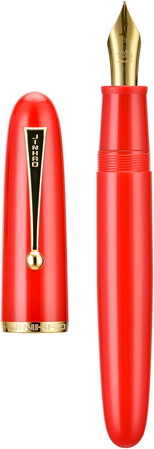 Jinhao 9019 DaDao Series Fountain Pen, Size 8 Medium Heartbeat Nib with Large Ink Converter, Bright Red Acrylic Design Smooth Writing Pen (Gold Trim)