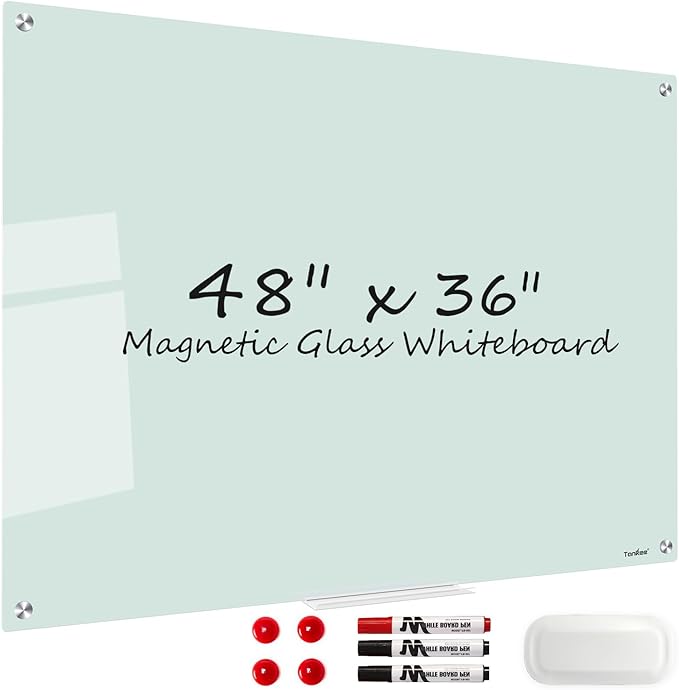 Magnetic Glass Whiteboard, TANKEE 48 x 36 Inches Glass Dry Erase Board Large White Board for Wall, Frameless Whiteboard for Office School Home Classroom