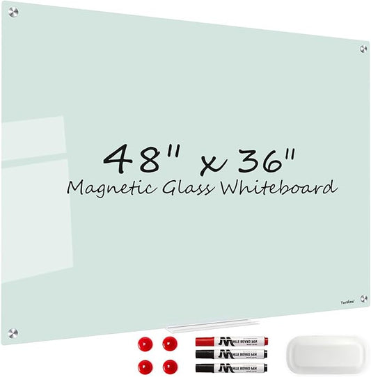Magnetic Glass Whiteboard, TANKEE 48 x 36 Inches Glass Dry Erase Board Large White Board for Wall, Frameless Whiteboard for Office School Home Classroom