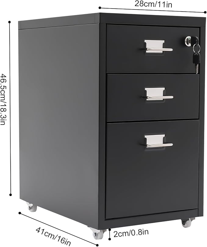 3 Drawer File Cabinet with Lock, Freestanding Filing Metal Drawers Organizer Vertical Metal Rolling Organizer Movable Under Desk Cabinet with Wheels for Home Office Living Room Study (3 Tiers Black)