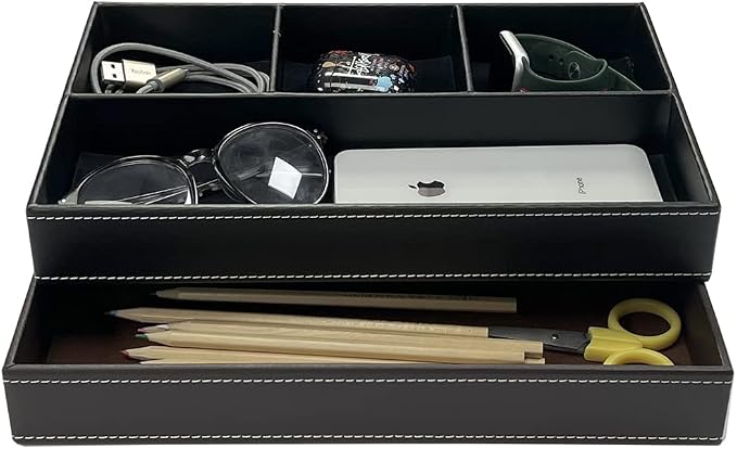 UnionBasic Flat 4-Slot Leather Desk Drawer Tray Stationery Sundries Gadget Organizer Storage Box Pen Pencil Holder Case Container (Brown)
