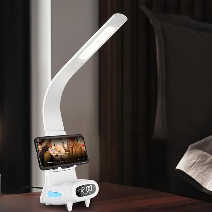IHAO Multi Functional Smart Eye-Care Desk Lamp Wireless Charger & Digital Alarm Clock Gesture Control Adjustable Light 15W Fast Charging Hidden Phone Stand, Date Timer Display Wake-Up Light-TX79 White