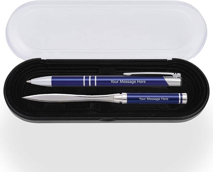 10 Custom Laser-Engraved Ballpoint Pen & Letter Slitter Gift Sets. Includes Case. Blue Product Color with Silver Accents. Black Ink