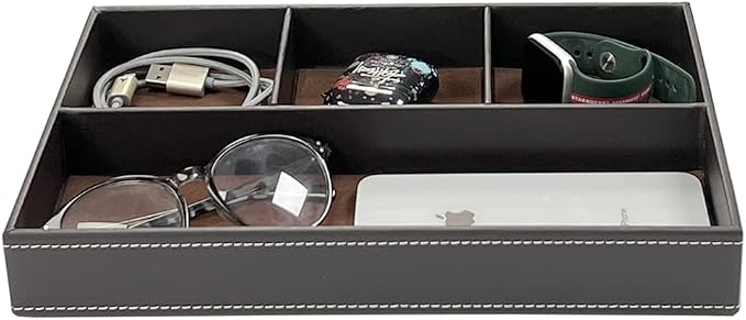 UnionBasic Flat 4-Slot Leather Desk Drawer Tray Stationery Sundries Gadget Organizer Storage Box Pen Pencil Holder Case Container (Brown)