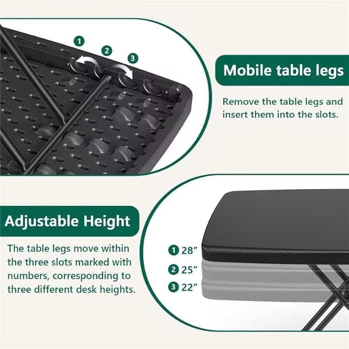 30 Inch Folding Table Set of 2, Adjustable Height TV Tray for Small Spaces, Heavy Duty Foldable Utility Table for Laptop, Dining, Camping, No Assembly, 200 lbs Capacity, Black Granite