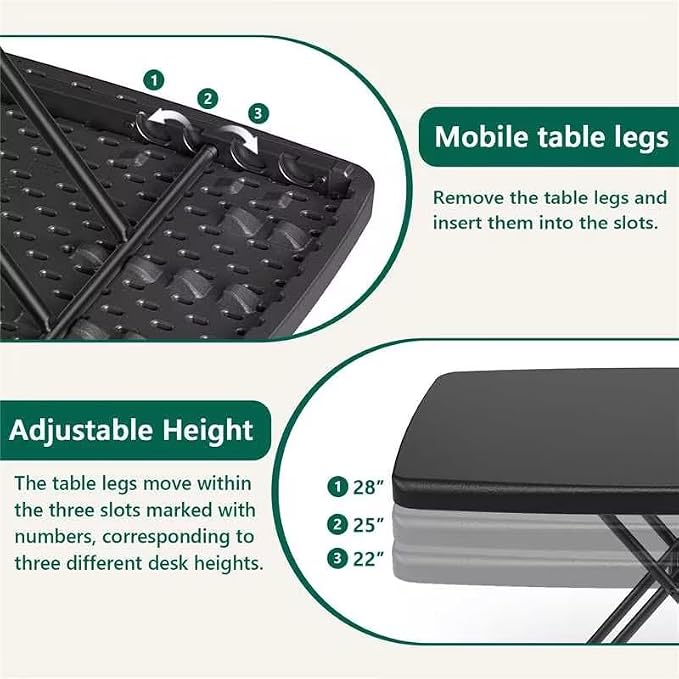 30 Inch Folding Table, Adjustable Height TV Tray for Small Spaces, Heavy Duty Foldable Utility Table for Laptop, Dining, Camping, No Assembly, 200 lbs Capacity, Black Granite