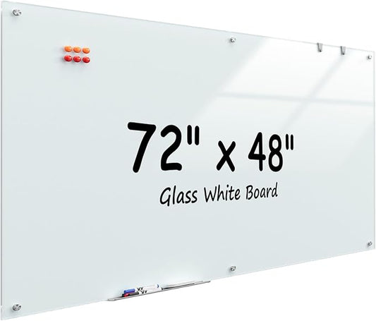 MaxGear 72" x 48" Glass Whiteboard Wall Mounted for Office Home Classroom | Magnetic Glass Dry Erase Board, Tempered Glass, Steel Backed, Non-Porous Surface, Frameless Design, Hardware Included