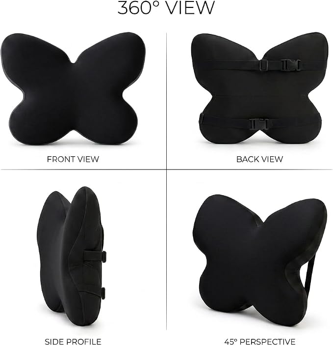 Butterfly Lumbar Support Pillow for Car and Chair, Blak | Memory foam back cushion with butterfly support, washable cover and dual adjustable straps for chairs and car seats