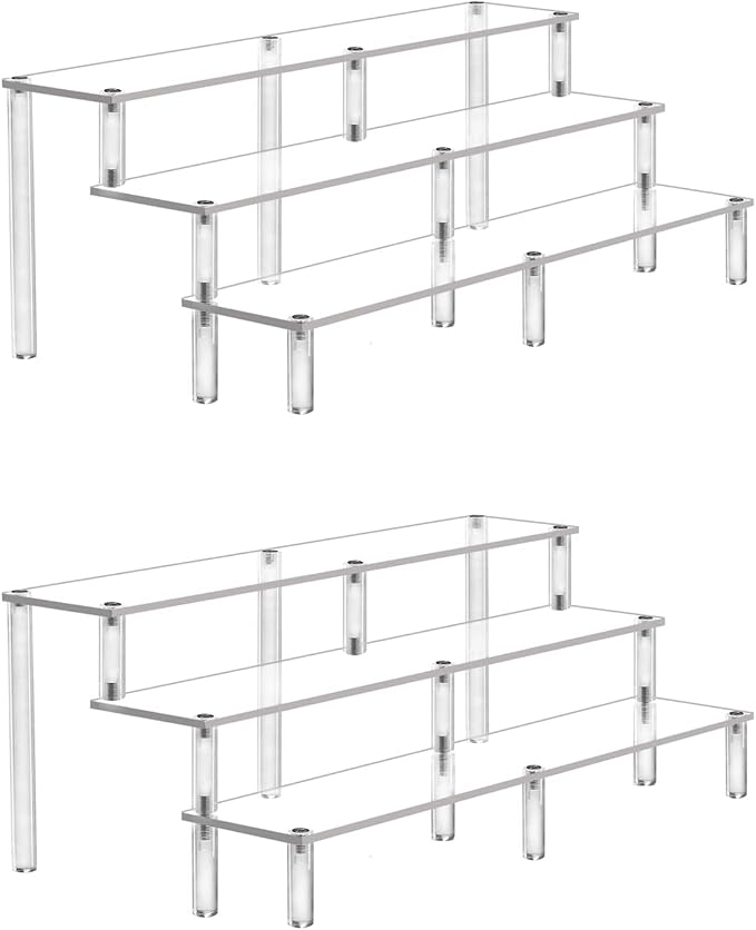 Acrylic Riser Display Shelf, 3 Tier Acrylic Shelves for Figures, 15.8 Inch | Large Clear Perfume Organizer, Display Stand for Funko Pop Amiibo Figures, Shelf Risers for Cupcake and Collectibles, 2 Pack