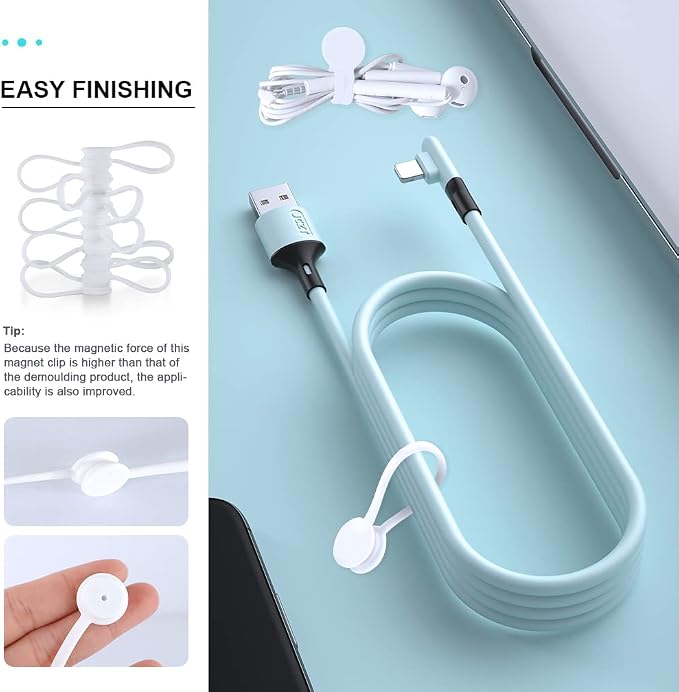 Kanemc Reusable Magnetic Cord Ties,Magnetic Cable Ties(10-Pack, White) | Magnetic Cable Organizer,Silicone Twist Ties for Cable Bundling, Organizing, Earphone Cords Wrap,Bookmarks & Fridge Magnets