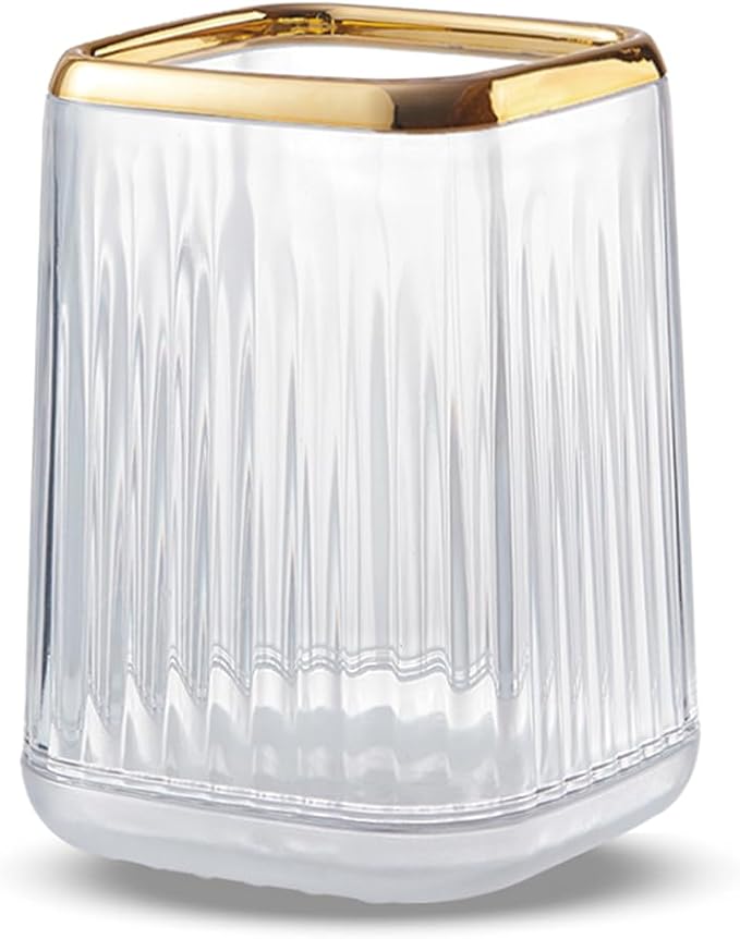 Acrylic Pen Holder, Cute Clear Desk Organizer for Pencils, Makeup Brushes Toothbrushes Storage Cup with Striped Design for Vanity Bathroom