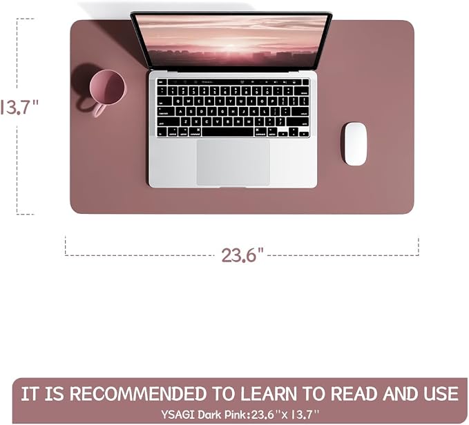 YSAGi Non-Slip Leather Desk Pad, Waterproof Laptop Computer Desk Keyboard Mat, Table Protector Blotter Mat, Large Mouse Pad for Office/Work/Home/Decor(Dark Pink, 23.6" x 13.7")