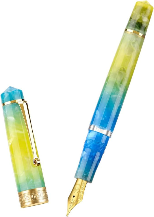 Asvine P20 Piston Fountain Pen Gradual Yellow Resin, Iridium Medium Nib Gold Trim Smooth Writer Collection with Case Set