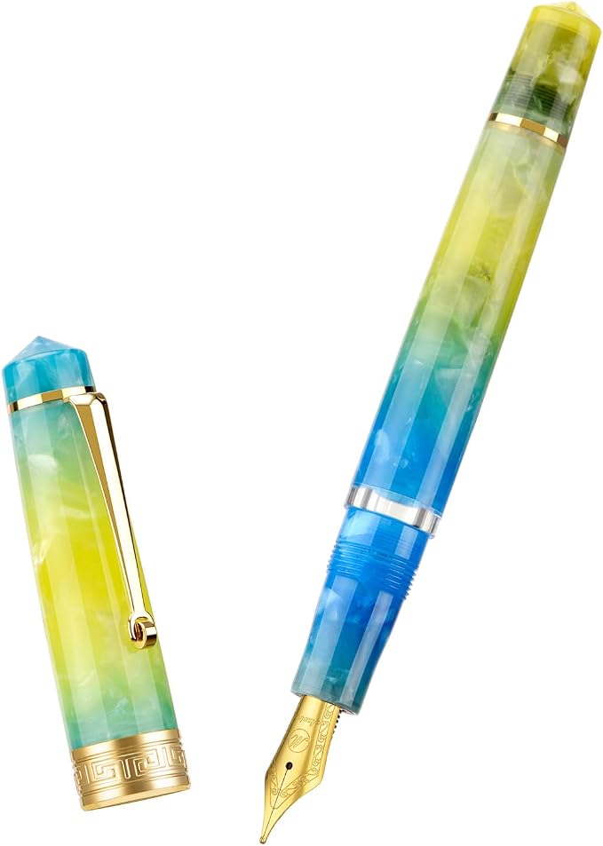 Asvine P20 Gradual Yellow Piston Fountain Pen, Iridium Fine Nib Gold Trim Smooth Writer Collection Resin Pen with Case Set