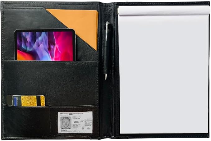 Leather Padfolio Resume Portfolios File Folder – Interviews/Legal Documents Organizer for Letter Size Writing Pad with Business Card Holder, Ideal Gift Portfolios for Men and Women (Raisin Black)