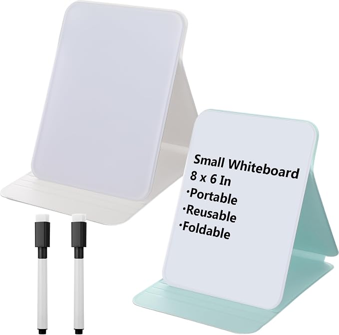 Dunzoom 2 Sets 4 Pcs Small Glass Desktop Whiteboard with Reversable Stand 8x6 Inch Mini Dry Erase White Board Easel with 2 Markers Reusable Desk Notepad for Home Office School Supplies (White,Green)