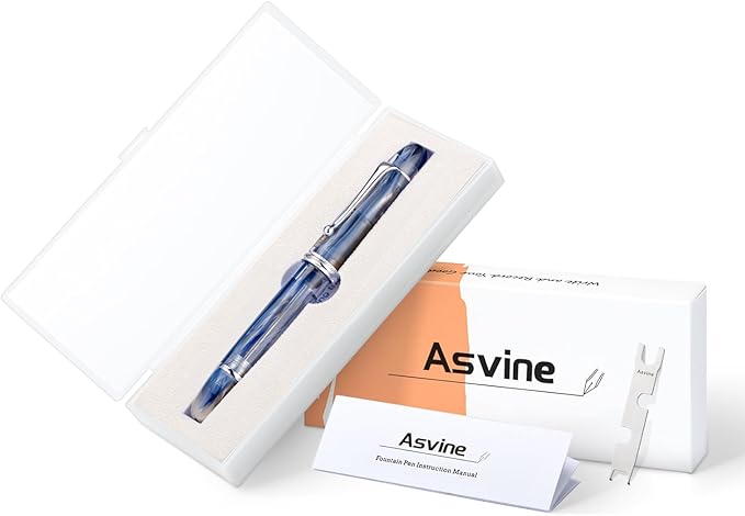 Asvine V800 Fountain Pen -Vacuum Filling System with Large Ink Capacity - Number 8 Stub Nib 1.1mm Calligraphy Art Drawing with Wrench Gift Set - Blue Brown