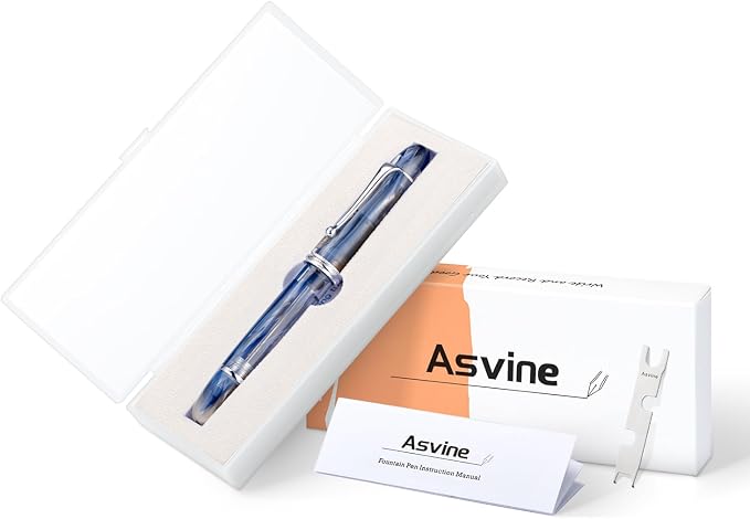 Asvine V800 Fountain Pen – Vacuum Filling System with Large Ink Capacity – Smooth Number 8 Extra Fine Nib with Gift Case and Wrench – Blue Brown