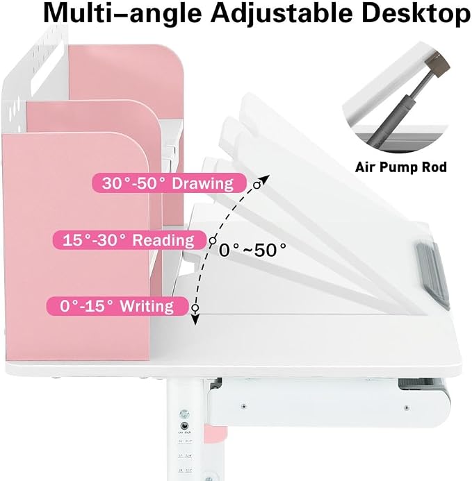 39in Wide Adjustable Height Kids Desk with Tilting Desktop, Bookshelf Hutch | Height-adjustable study desk with steel frame, drawer and bookshelf hutch for reading, writing and drawing, Ages 3-12