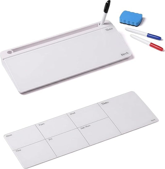 Birch Desktop Glass Whiteboard with Magnetic Weekly Calendar – Dry Erase Board, Keyboard Stand, Hidden Storage, Adjustable Dividers, 3 Markers & Eraser – Office, Home, School – Cloud