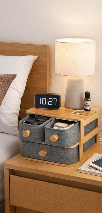 Bamboo Desk Organizer with 3 Drawers - Fabric Storage Box for Makeup, Jewelry, Office Supplies - Eco Friendly Wooden Organizer for Home & Office