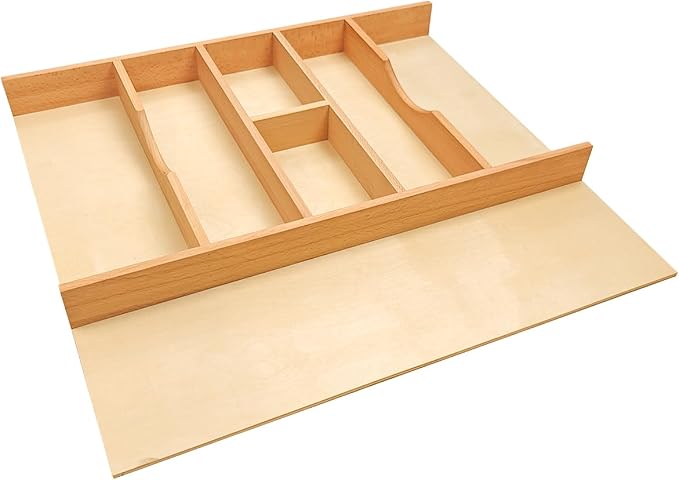Silverware Drawer Organizer - Trim-to-Fit with Adjustable Dividers for Kitchen Utensil Storage, Beech Wood Frame with 11 Sizes (24" W x 22" D)