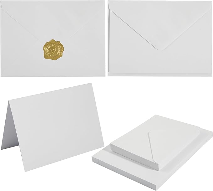 50 Pack White A6 Envelopes with Cards and Gold Stickers, 4x6 | With Thick Folded Cardstock, For Greeting Cards, Wedding, Birthday, Invitations, Baby Showers