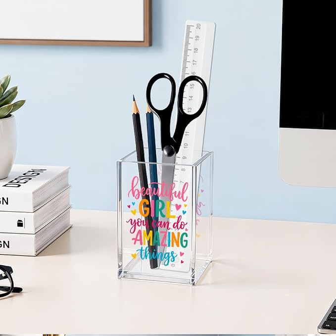 Beautiful Girl You Can Do Amazing Things Acrylic Cosmetic Pencil Pen Holder, Vanity Accessories Makeup Organizer for Daughter Sister, Encouragement Gifts for Makeup Lover, Make Up Brush Holder