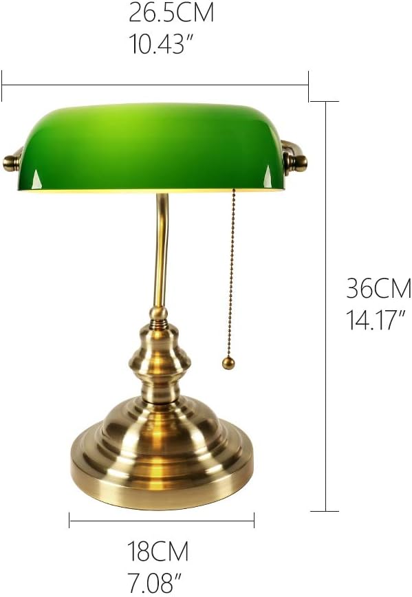 FIRVRE Green Bankers lamp, Antique Desk Lamps with Brass Base, Library Lamp with Pull Chain, Retro Desk Lamp for Home Office, Study Room, LED Bulb Included