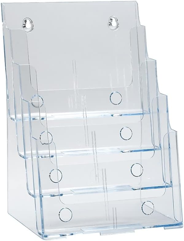 Azar Displays 252376 Four Tier, Four Pocket Letter Brochure File Holder for Flyer, Office Supplies, Paper Document or Magazines, Clear Organizer for Wall and Counter Desktop Stand, 8.5" x 11"