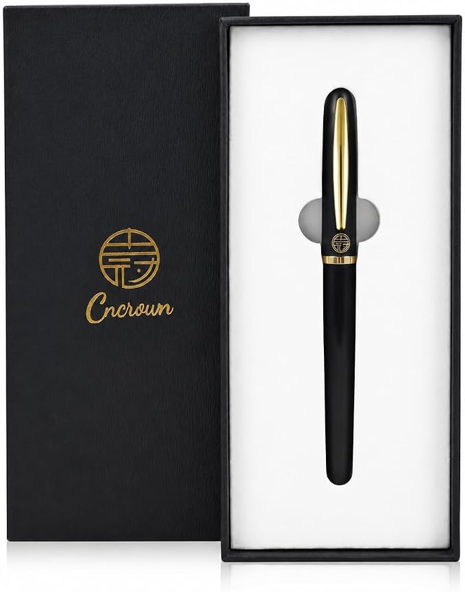 Luxury Gold Rollerball Pen, 24K gold-plated exquisite pen body, stylish and simple design, two ink refills, gift set for men and women, executive writing, office, graduation gift (Black)