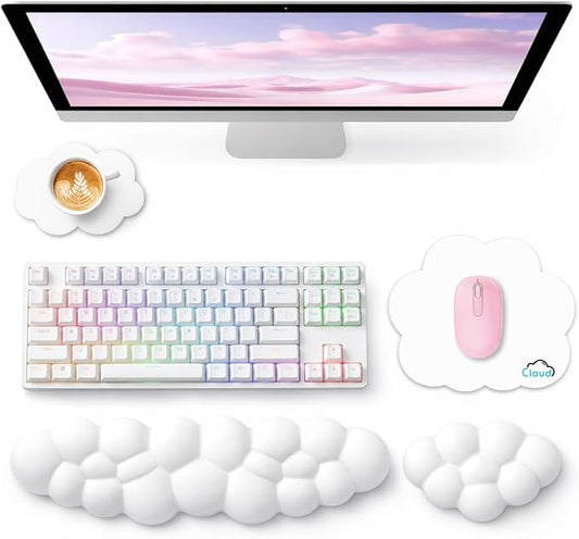 Cloud Wrist Rest for Computer Keyboard, 4-in-1 Memory Foam Leather Cloud Keyboard Wrist Rest and Mouse Pad Set with Ergonomic Support for Arm and Palm Cushion, Gaming/Work Setup, White