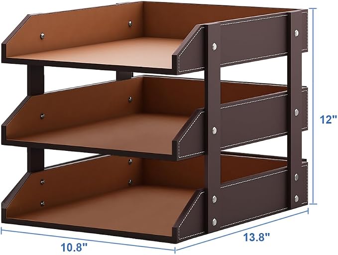 3 Tier Leather Magazine File Holder, Thipoten Paper Tray Organizer Desk Document File Organizer (Brown)