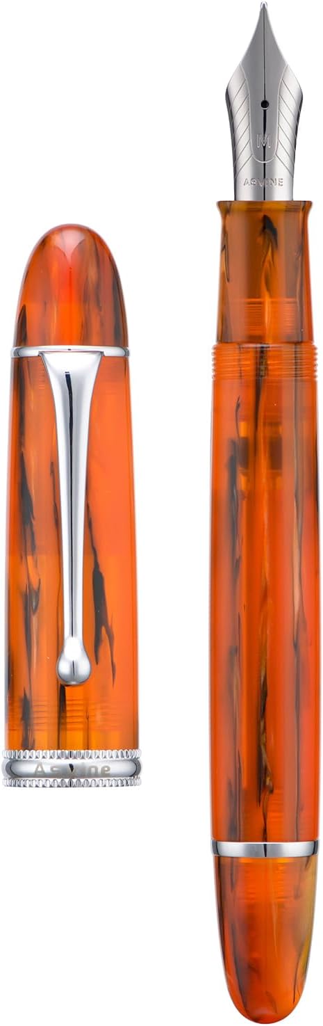 Asvine V800 Fountain Pen – Vacuum Filling System with Large Ink Capacity – Smooth Number 8 Fine Nib with Gift Case and Wrench- Amber Acrylic