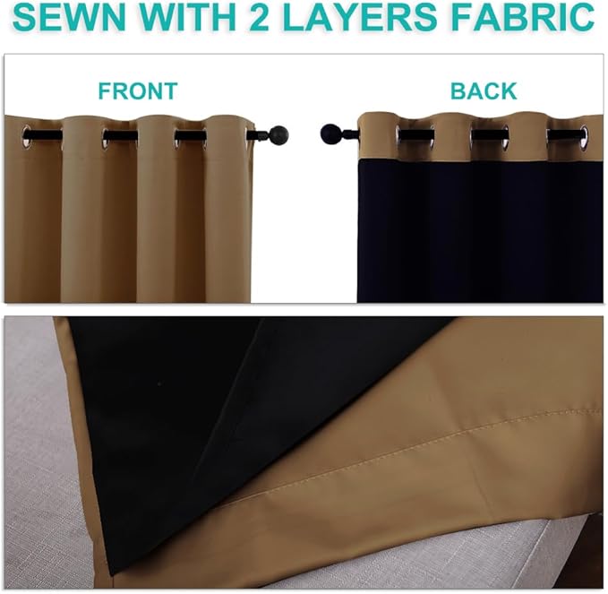 NICETOWN 100% Blackout Short Curtains with Black Liners, 2 Panels, 37" W by 63" L, Gold Brown, Solid Thermal Insulated Full Blackout 2-Layer Lined Drapes, Energy Efficiency Window Drapes for Bedroom