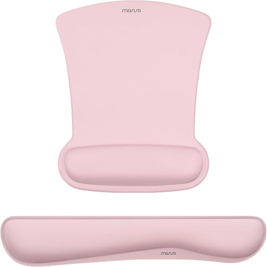 MOSISO Wrist Rest Support for Mouse Pad & Keyboard Set, Ergonomic Mousepad Non-Slip Base Home/Office Pain Relief & Easy Typing Cushion with Neoprene Cloth & Raised Memory Foam, Pink