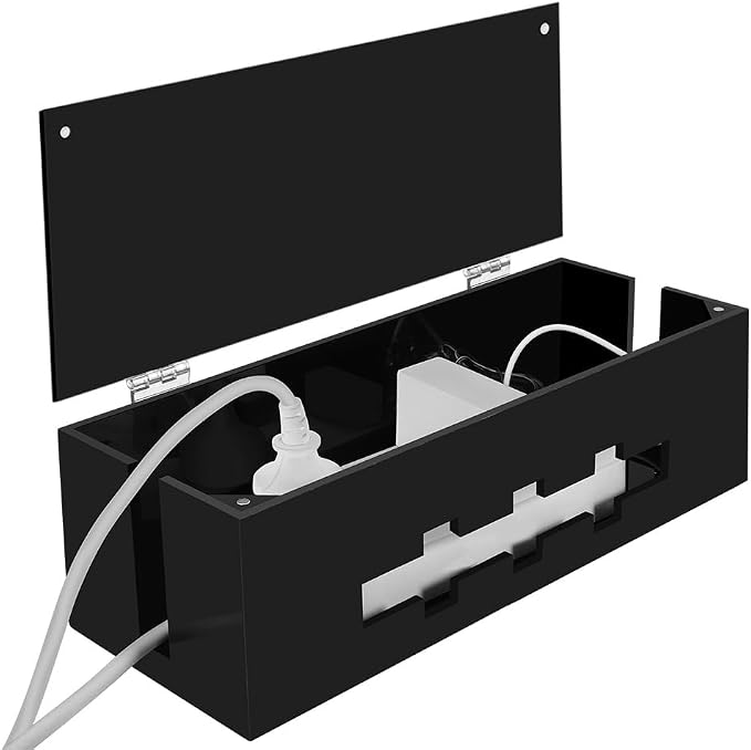 Cable Management Box with Magnetic Lock, Cord Organizer for Desk | Acrylic,compact,fits standard power strips & flat plugs,hides TV/computer wires,magnetic lid,child safe,for home office desk