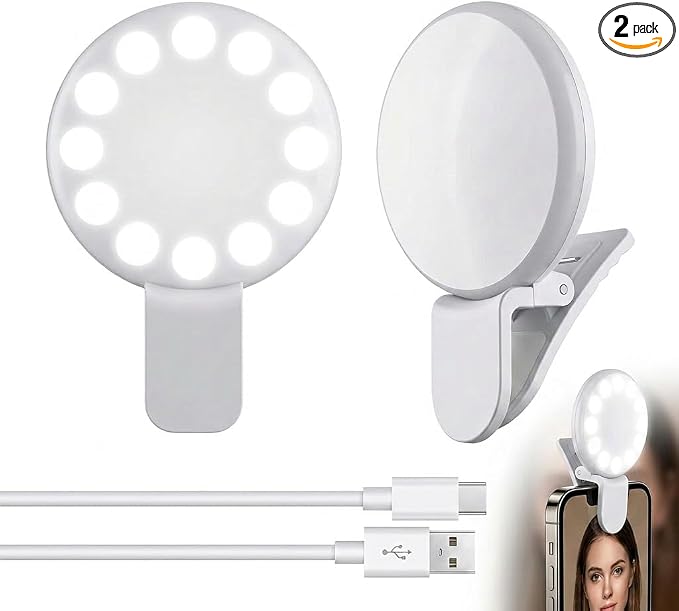 2Pcs Mini LED Ring Light for Phone, Rechargeable Clip On Selfie Light, Portable Adjustable Brightness LED Lighting for Video Recording, Compatible with iPhone, iPad, Laptop (White)