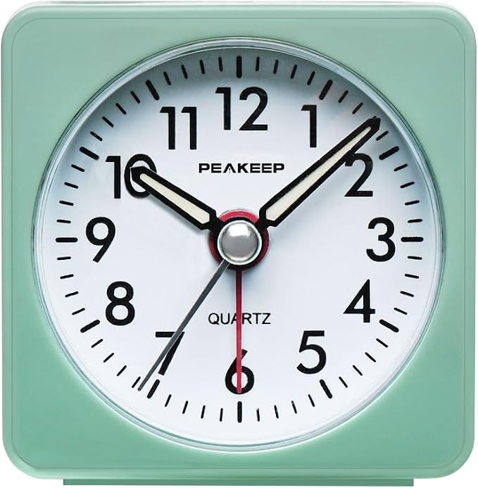 Peakeep Ultra Small, Battery Travel Alarm Clock with Snooze and Light | Silent No Ticking Analog Quartz Clock (Aquamarine)