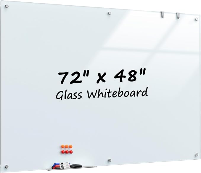MaxGear Large Magnetic Glass Whiteboard 72x48 Frameless Wall Mounted | Tempered Glass, Scratch Resistant, Stain Resistant, Ghost Free, Easy Erase, Smooth Writing, High Clarity, Frameless