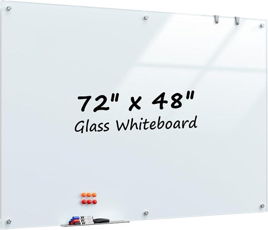 MaxGear Large Magnetic Glass Whiteboard 72x48 Frameless Wall Mounted | Tempered Glass, Scratch Resistant, Stain Resistant, Ghost Free, Easy Erase, Smooth Writing, High Clarity, Frameless