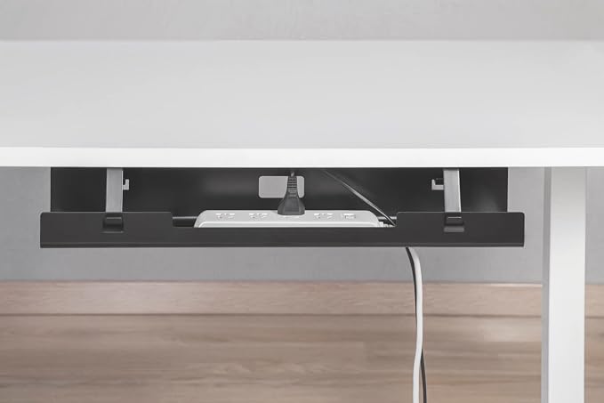 POUT Universal Wide Under Desk Cable Management Tray Organizer - 23.6 x 5.3 inch – for Wire/Cable Management - Hanging Easily Removable Rack with Cable Management Holes – Sturdy Stylish Black Steel