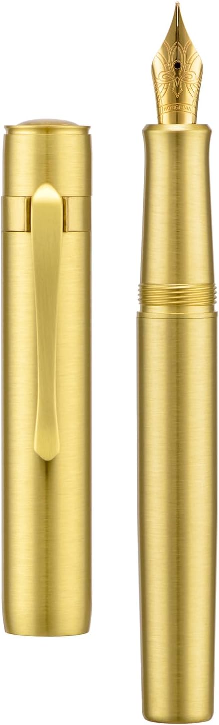 HONG DIAN M2 Black Forest Mini Fountain Pen, Medium Soft Golden Nib & Sleek Shape Brass Short Pocket Travel Pen (Glossy Brass)