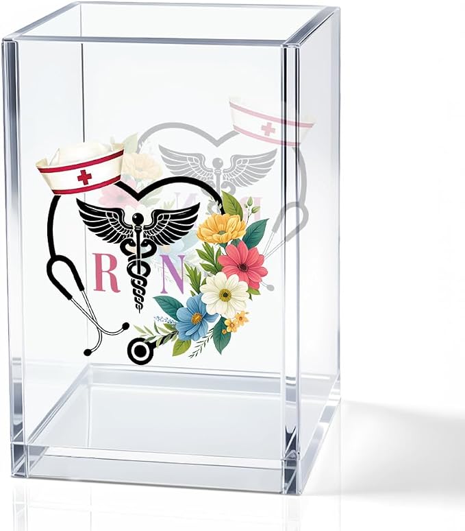 Floral Stethoscope RN Acrylic Pencil Holder Cup for Women Nurse RN | Appreciation Thank You Gifts for Registered Nurse CAN MA, Nurse Week Decor RN Gifts, Nurse Day Present